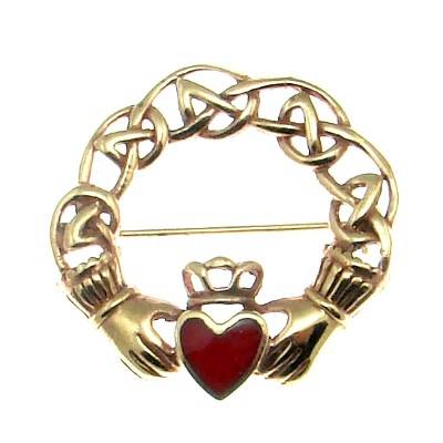 Bronze-Brosche Claddagh mit rotem Herz